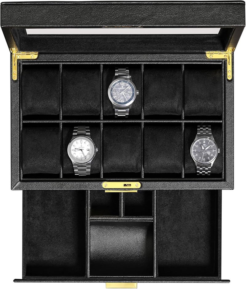 ROTHWELL 10-Slot Watch Box in Leather with Valet Drawer, Luxury Watch Case Display Organizer with Ultra Soft Microsuede Liner, Jewelry and Sunglass Holder With Large Glass top (Black/Black) - Image 1